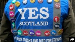 FILE - A man wears a multitude of 'yes' campaign badges during a pro-independence march in Edinburgh for the September vote on Scotland's independence from the United Kingdom.