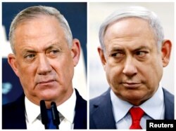 FILE - A combination picture shows Benny Gantz, leader of Blue and White party, in Tel Aviv, Israel, Nov. 23, 2019, and Israeli Prime Minister Benjamin Netanyahu in Kiryat Malachi, Israel, March 1, 2020.