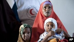 Hamdi Abdirgant sits with her children at a Red Crescent clinic in Harfo, Puntland, August 17, 2011. Aid agencies estimate some 3.7 million Somalis are at risk of famine in the Horn of Africa country.