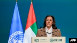 U.S. Vice President Kamala Harris speaks at the United Nations climate summit in Dubai, United Arab Emirates, on Dec. 2, 2023. While at the summit, Harris explained the United States' broad objectives for how to govern Gaza after the war ends.