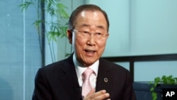 Former U.N. Secretary-General Ban Ki-moon speaks during an interview with the Associated Press in Tokyo, Monday, Dec. 3, 2018. 