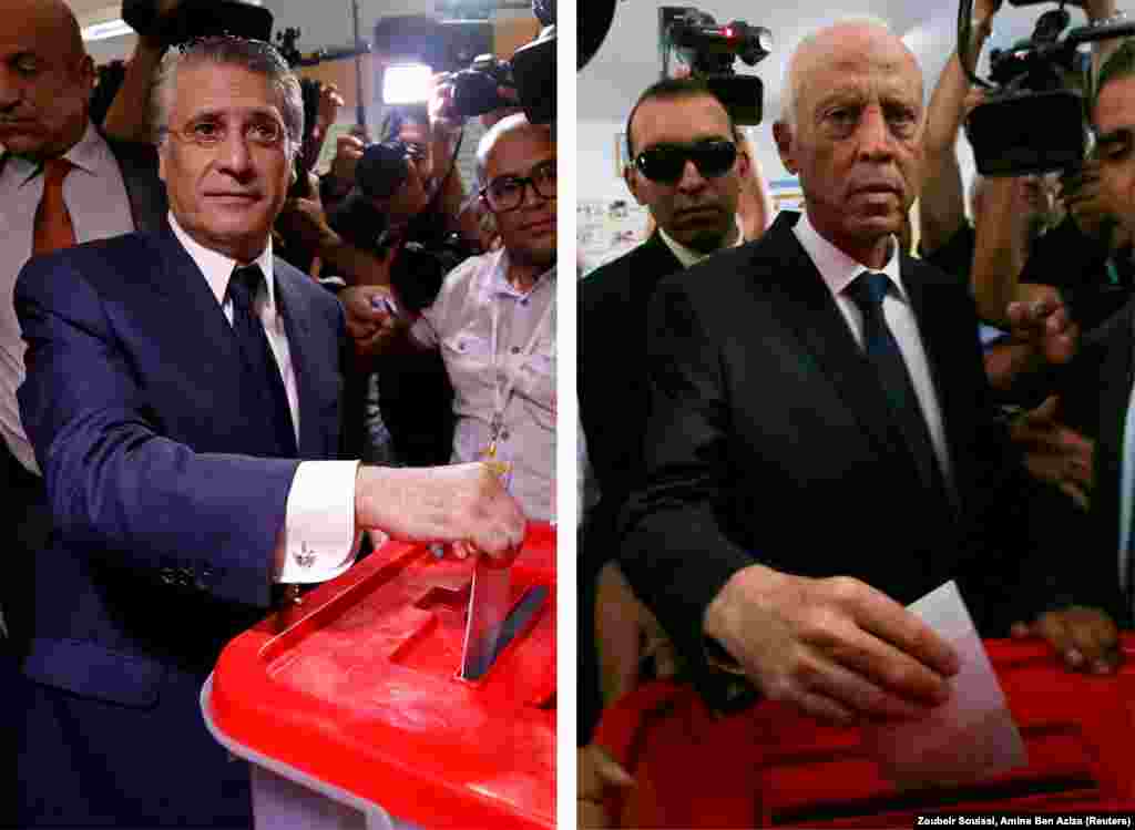 Wagombea wawili wa kiti cha rais Tunisia Nabil Karoui (kushoto) na Kais Saied (Kulia) wakipiga kura