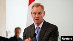 Penjabat Menteri Pertahanan AS Patrick Shanahan dalam konferensi pers di Jakarta, Kamis (30/5).