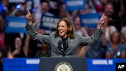 Democratic presidential nominee Vice President Kamala Harris speaks at a campaign event, Sept. 20, 2024, in Madison, Wis. 