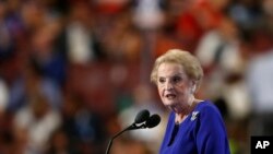 Former Secretary of State Madeleine Albright addresses a crowd in this undated photo. Albright died on March 23, 2022. President Joe Biden will eulogize her during her funeral on April 27, 2022, at the Washington National Cathedral.  