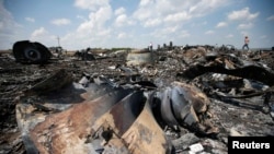 Ukraine -- People walk near the wreckage of Malaysia Airlines MH17, that was shot down near Hrabove, in the Donetsk region, on July 23, 2014.