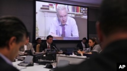 WikiLeaks founder Julian Assange addresses a meeting via videolink from Ecuador's London embassy during the United Nations General Assembly at U.N. headquarters, September 26, 2012.