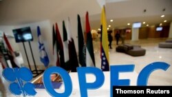 석유수출국기구(OPEC) 회원국들 국기 앞에 오펙 로고가 세워져있다. (자료사진) 