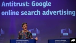 European Competition Commissioner Margrethe Vestager speaks during a media conference at EU headquarters in Brussels, Wednesday, March 20, 2019.