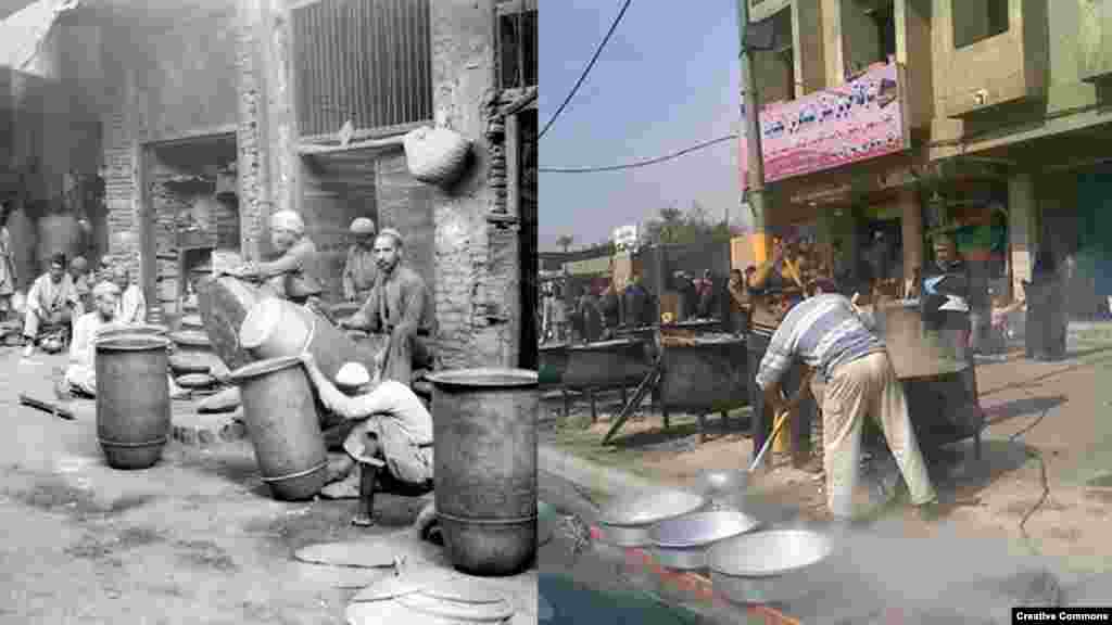 Baghdad Streets. (L) Coppersmiths, Baghdad, 1932. American Colony (Jerusalem) Photo Dept. Library of Congress (R) Rice and lamb stew, cooked and given to pilgrims who pass by. 12 Feb. 2009. CC/Salam Pax.