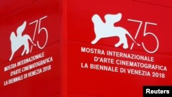 The logo of the 75th Venice Film Festival is seen in Venice, Italy, Aug. 28, 2018. 