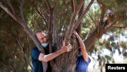 A couple take part in a campaign by Israel's Nature and Parks Authority calling on Israelis to join sightseeing tours and find comfort in tree hugging amid an increase of COVID-19 in Apollonia National Park, near Herzliya, Israel July 7, 2020. (REUTERS/Ronen Zvulun)