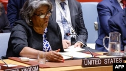 Ummeli weMelika kumanyano weUnited Nations uAmbassador Linda Thomas-Greenfield ekhuluma emhlanganwni weUN Security Council edolobheni leNew York City ngoNcwabakazi, mhlaka 13, 2024. (Umfanekiso: KENA BETANCUR / AFP)