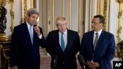Making a joint statement on Yemen are U.S. Secretary of State John Kerry, British Foreign Secretary Boris Johnson and U.N. Special Envoy for Yemen Ismail Ould Cheikh Ahmed. Oct. 16, 2016. 
