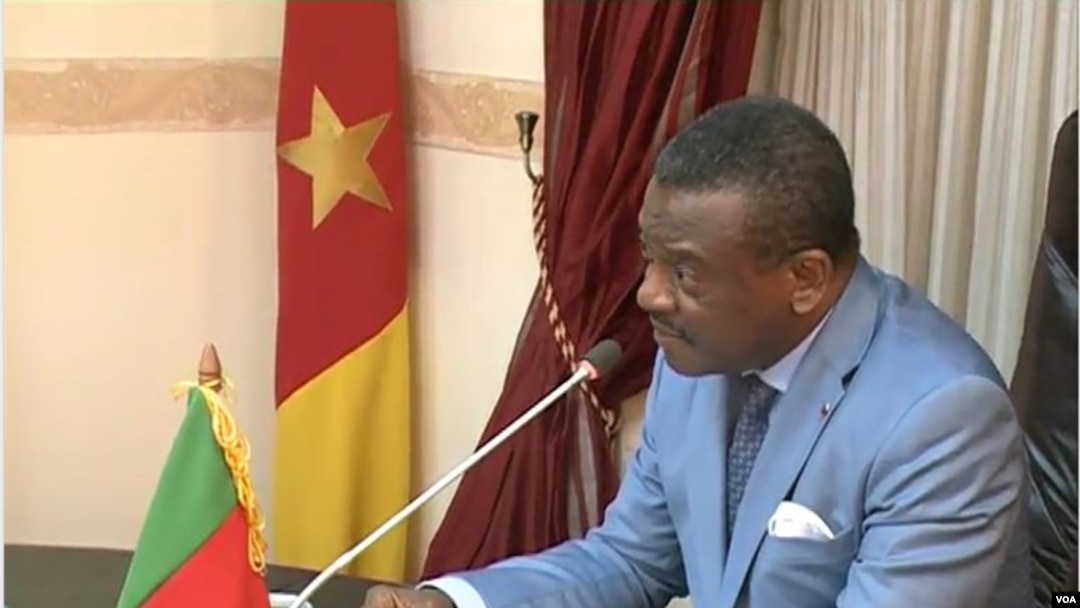 Cameroon Prime Minister Joseph Dion Ngute speaks during a meeting on the country's reconstruction, in Yaounde, Dec. 5, 2019. (Moki Edwin Kindzeka/VOA)