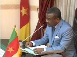Cameroon Prime Minister Joseph Dion Ngute speaks during a meeting on the country's reconstruction, in Yaounde, Dec. 5, 2019. (Moki Edwin Kindzeka/VOA)