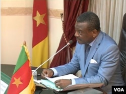 FILE - Cameroon Prime Minister Joseph Dion Ngute speaks during a meeting on the country's reconstruction, in Yaounde, Dec. 5, 2019. (Moki Edwin Kindzeka/VOA)