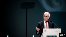 The Global Fund Executive Director Peter Sands, delivers a speech, Oct. 9, 2019 in Lyon, during The Global Funds Sixth Replenishment Conference.