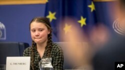 Young Swedish environmental activist Greta Thunberg reacts after giving a speech during a special meeting of the Environment Committee at the European Parliament in Strasbourg, Eastern France, Apr. 16, 2019. 