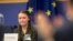 Young Swedish environmental activist Greta Thunberg reacts after giving a speech during a special meeting of the Environment Committee at the European Parliament in Strasbourg, Eastern France, Apr. 16, 2019. 