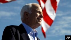 FILE - Republican presidential candidate Sen. John McCain, R-Ariz. speaks at a rally outside Raymond James Stadium in Tampa, Florida, Nov. 3, 2008. 