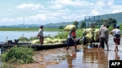 ကယားပြည်နယ် (သို့) ကရင်နီပြည်နယ် လွိုင်ကော်မြို့နယ်အတွင်းက တိုင်ဖွန်း Yagi (ရာဂီ) ကြောင့် ရေဘေးဒဏ်သင့် ဘုရားဖြူရွာမှာ ဆန်အိတ်တွေကို ထမ်းသယ်နေတဲ့ လယ်သမားများ (စက်တင်ဘာ ၁၆၊ ၂၀၂၄)