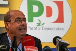 Democratic Party leader Nicola Zingaretti talks to the media during a press conference, in Rome, Sept. 21, 2020.