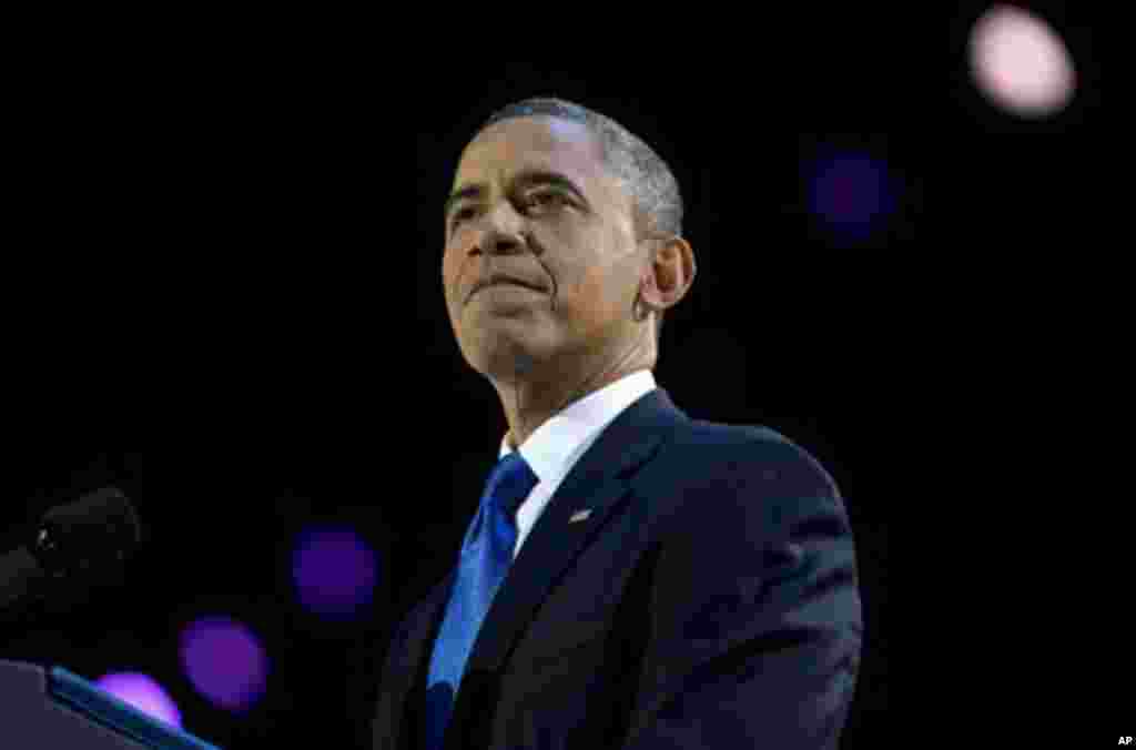 In a Wednesday, Nov. 7, 2012 file photo, President Barack Obama pauses as he speaks at the election night party at McCormick Place, in Chicago. (AP Photo/Carolyn Kaster, File)