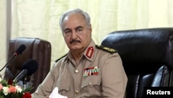 Libya's eastern-based commander Khalifa Haftar attends General Security conference, in Benghazi, Libya, Oct. 14, 2017. 