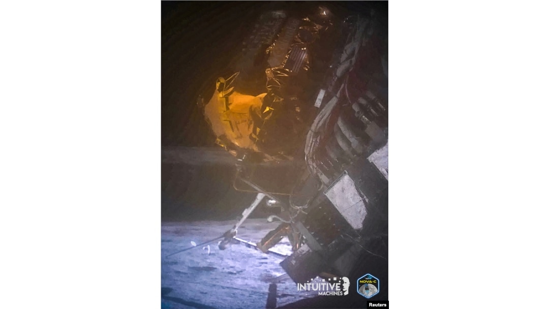 Intuitive Machines' Odysseus lunar lander is seen on Feb. 27, 2024, at its landing near the south pole of the moon in an image taken using its narrow-field-of-view camera. (Intuitive Machines via Reuters)