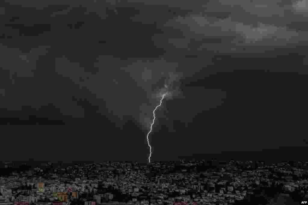 Lightning strikes over the French Riviera city of Nice.