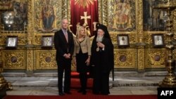 U.S. Vice President Joe Biden (l) his wife, Jill Biden, and Orthodox Patriarch Bartholomew I meet during the Bidens' visit to the Church of St. George on Nov. 23, 2014 in Istanbul.