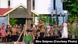 Presiden Joko Widodo dan ibu negara Iriana menanam pohon pulai dan flamboyan di halaman tengah Istana Kepresidenan Jakarta, sekaligus berpamitan pada anggota staf Istana, Kamis, 17 Oktober 2024. (Foto: Biro Setpres)