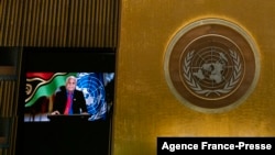 Vanuatu’s Prime Minister Bob Loughman remotely addresses the 76th session of the United Nations General Assembly in a pre-recorded message at UN headquarters on Sept. 25, 2021 in New York. 