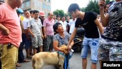 An animal activist kneels down as she offers to buy a dog from a vendor, second right, to stop it from being eaten ahead of the annual dog meat festival in Yulin, Guangxi Zhuang Autonomous Region, June 20, 2014. 