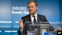 Presiden Uni Eropa Donald Tusk saat berbicara di Brussels, Belgia (foto: dok).