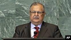 President of Iraq, Jalal Talabani, addresses the 66th session of the United Nations General Assembly, Sept. 23, 2011