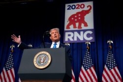 President Donald Trump speaks on stage during the first day of the Republican National Committee convention, Aug. 24, 2020, in Charlotte.