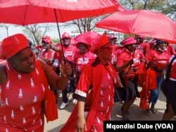 Supporters of the ruling Botswana Democratic Party gather outside the high court in Gaborone during presidential nominations on Sept. 28, 2024.