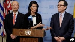 Japan's Ambassador Koro Bessho (left) U.S. Ambassador Nikki Haley (center) and South Korea's Ambassador Cho Tae-yul hold a joint news conference after consultations of the United Nations Security Council, March 8, 2017. 