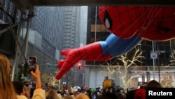 Spider-Man balloon flies during the 98th Macy's Thanksgiving Day Parade in New York City, Nov. 28, 2024. 