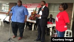 Progressive Teachers Union of Zimbabwe secretary general Raymond Majongwe addressing members of his union. (Photo" PTUZ)