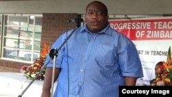 Progressive Teachers Union of Zimbabwe secretary general Raymond Majongwe addressing members of his union. (Photo" PTUZ)