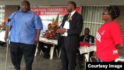 Progressive Teachers Union of Zimbabwe secretary general Raymond Majongwe addressing members of his union. (Photo" PTUZ)