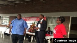 Progressive Teachers Union of Zimbabwe secretary general Raymond Majongwe addressing members of his union. (Photo PTUZ)