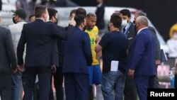 Neymar is seen as play is interrupted after Brazilian health officials objected to the participation of three Argentine players they say broke quarantine rules, Sept. 5, 2021.