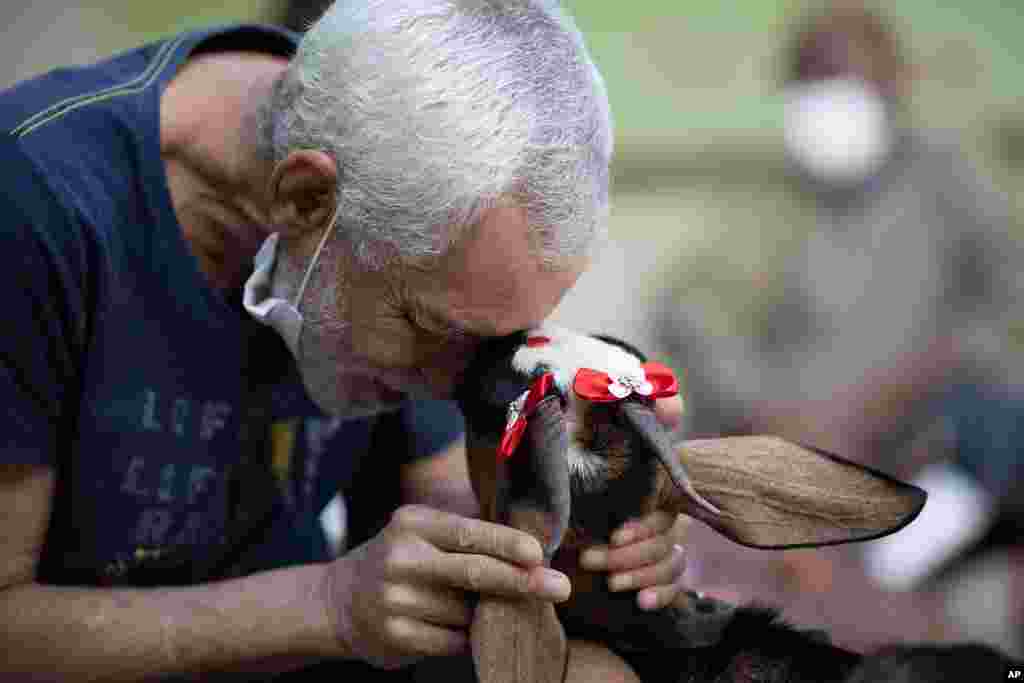 An elderly man caresses a goat named Jurema, wearing ribbons on her ears, at the Maria Vieira Bazani nursing home in Rio de Janeiro, Brazil.