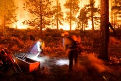 Dua petugas pemadam kebakaran berupaya memadamkan api Kebakaran Caldor di South Lake Tahoe, California, 30 Agustus 2021.