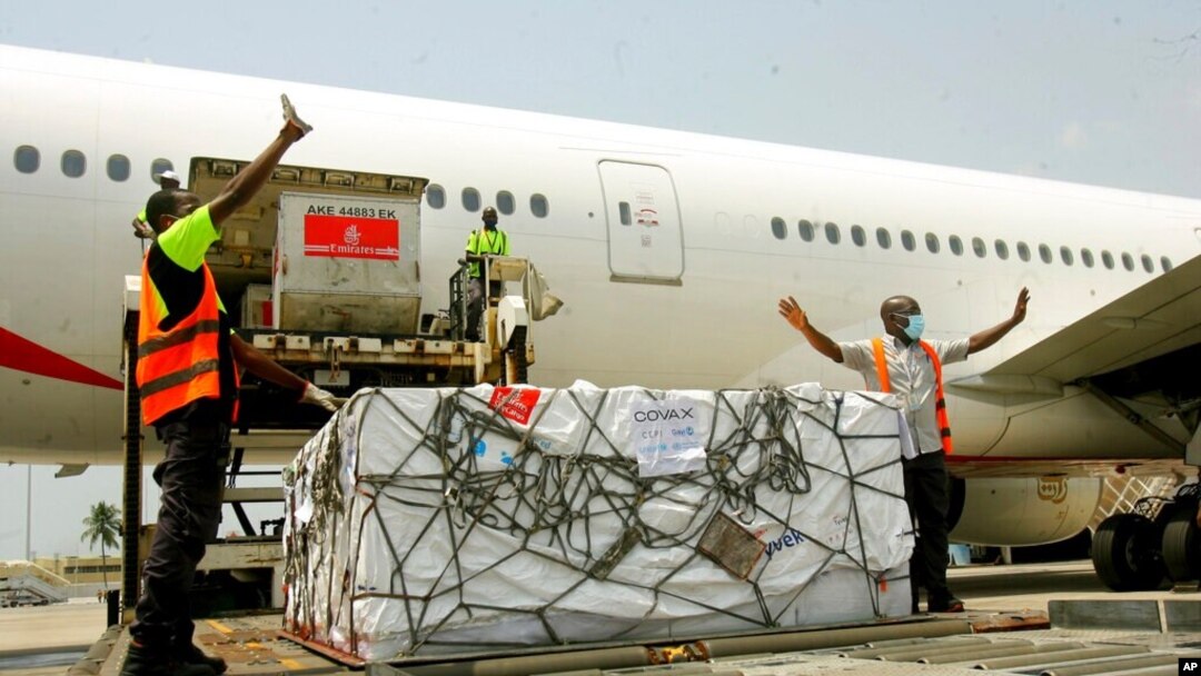 A shipment of COVID-19 vaccines distributed by the COVAX Facility arrives in Abidjan, Ivory Coast, Feb. 25, 2021. Ivory Coast is the second country in the world after Ghana to receive vaccines acquired through the U.N.-backed COVAX initiative.