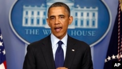 President Barack Obama speaks about the Boston Marathon bombing, in the Brady Press Briefing at the White House in Washington, April 19, 2013.